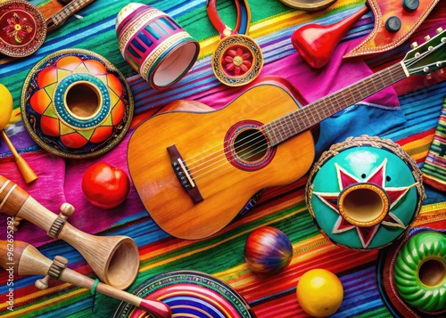 Colorful Traditional Mexican Instruments, Such As Guitars, Trumpets, And Maracas, Arranged In A Vibrant Composition. photo