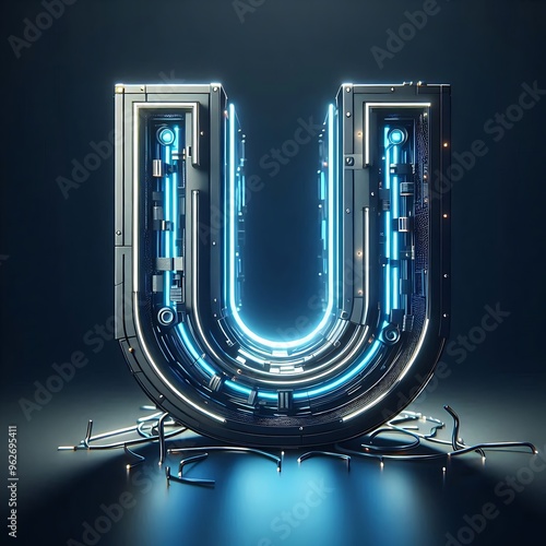 Futuristic glowing neon letter U with intricate metal structure.
