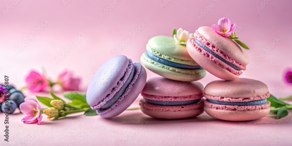 Close up of pastel colored French macaroons with flowers, blueberry powder on pink background, macaroon, sweet, pastel, French Close up of pastel colored French macaroons with flowers, blueberry powder on pink background, macaroon, sweet, pastel, French