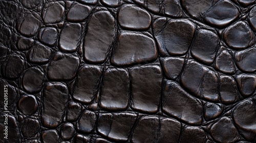 Close-up of a black alligator leather texture. Detailed and high-quality animal skin pattern background perfect for fashion and design. photo