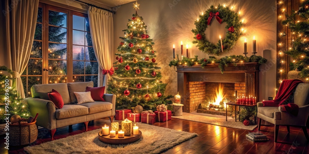 Cozy festive living room with decorated Christmas tree, twinkling lights, and presents, surrounded by warm candlelight, perfect for holiday season video backgrounds. Cozy festive living room with decorated Christmas tree, twinkling lights, and presents, surrounded by warm candlelight, perfect for holiday season video backgrounds.
