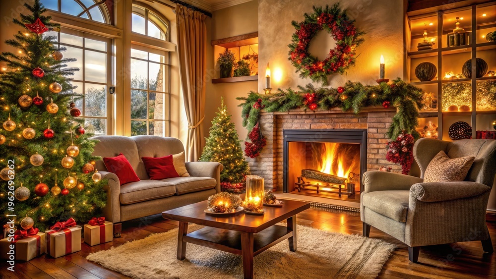 Cozy Living Room With A Roaring Fire In The Fireplace And Festive Christmas Decorations Creating A Warm And Inviting Ambiance Cozy Living Room With A Roaring Fire In The Fireplace And Festive Christmas Decorations Creating A Warm And Inviting Ambiance