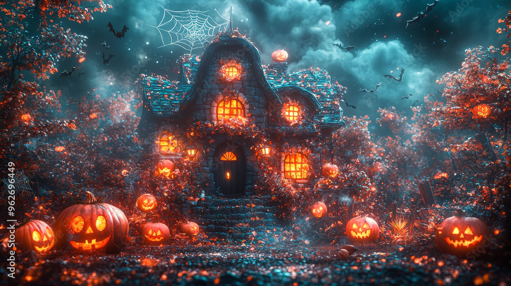 Obraz premium A spooky cottage with glowing pumpkins and bats in a forest.