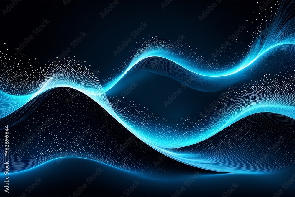 Abstract blue and white glowing waves on dark background with shimmering dots. Abstract blue and white glowing waves on dark background with shimmering dots.