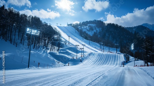 Ski slope surrounded by mountains under a clear blue sky, perfect for winter sports and outdoor activities.
