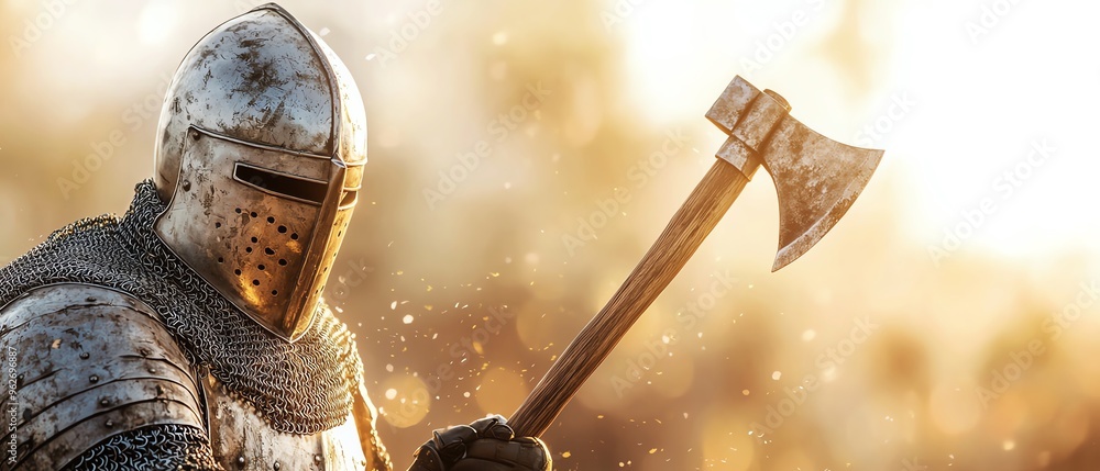 A medieval knight in shining armor wielding an axe, illuminated by a warm sunset, showcasing bravery and strength. A medieval knight in shining armor wielding an axe, illuminated by a warm sunset, showcasing bravery and strength.