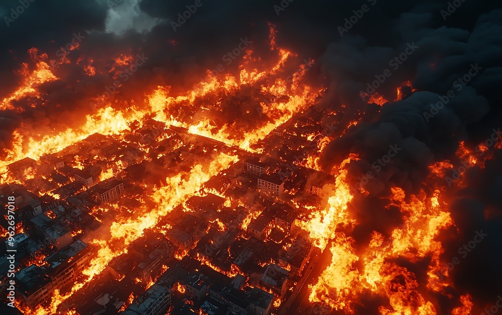 Aerial view of a city engulfed in flames, showcasing intense fire and smoke, illustrating destruction and chaos. Aerial view of a city engulfed in flames, showcasing intense fire and smoke, illustrating destruction and chaos.