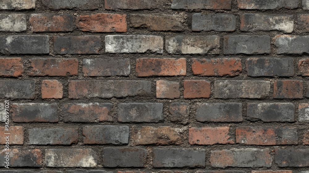 Fototapeta premium Close-up of a vintage brick wall with red and gray bricks, showing texture and weathering, ideal for background or architectural design.