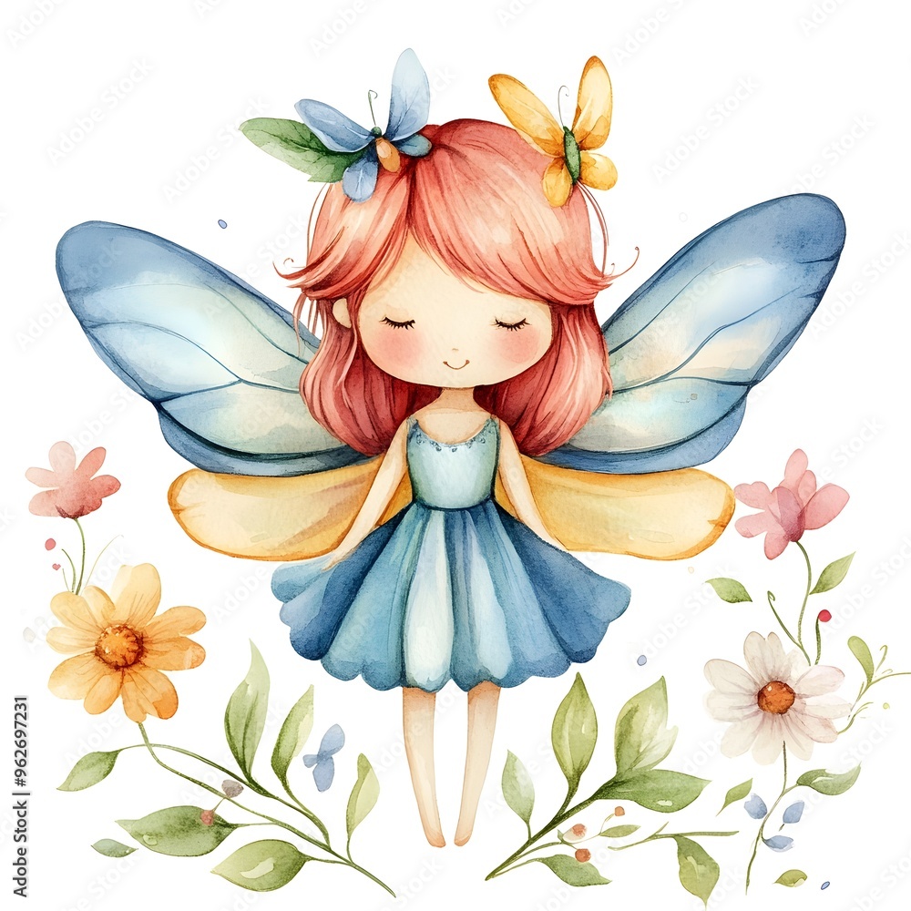 Cute Fairy Watercolor Clipart with Flowers and Butterflies
