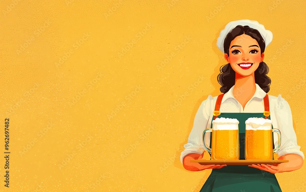 Cheerful waitress holding a tray of beers with a bright yellow background, perfect for hospitality and celebration themes. Cheerful waitress holding a tray of beers with a bright yellow background, perfect for hospitality and celebration themes.