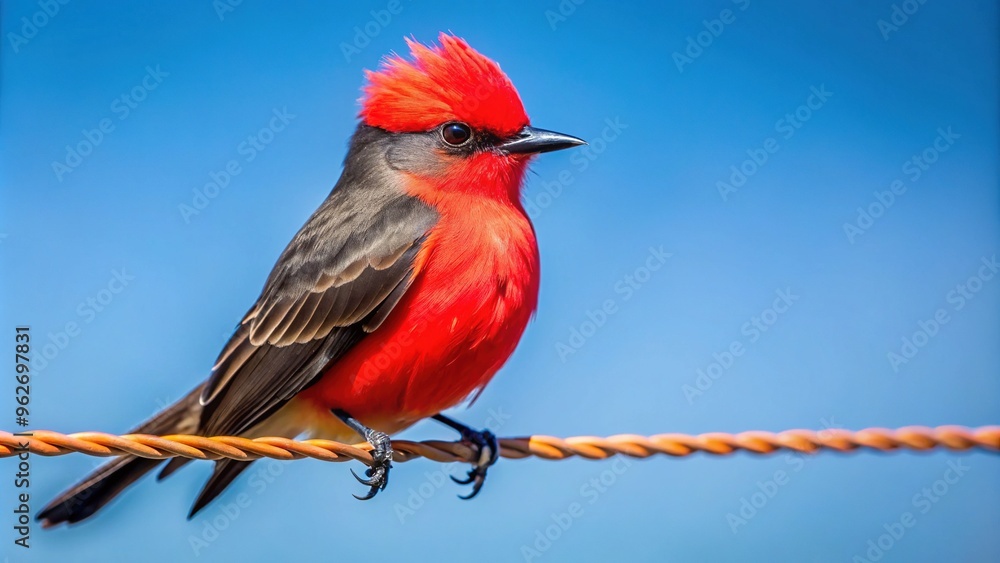 Vibrant vermilion flycatcher perches on a barbed wire fence, its bright crimson plumage and black wings a striking contrast against a cloudless blue sky backdrop. Vibrant vermilion flycatcher perches on a barbed wire fence, its bright crimson plumage and black wings a striking contrast against a cloudless blue sky backdrop.