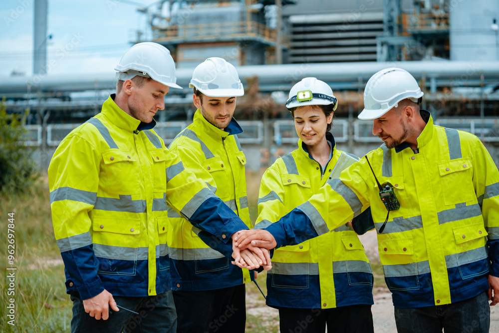 Group of workers teamwork Industry in oil refinery equipment Check and check the condition of the machinery system , Engineering concept. Group of workers teamwork Industry in oil refinery equipment Check and check the condition of the machinery system , Engineering concept.