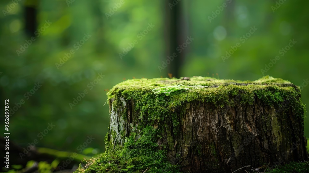 Moss-covered stump in forest with green backdrop, picturesque scene for design with space for text. Moss-covered stump in forest with green backdrop, picturesque scene for design with space for text.