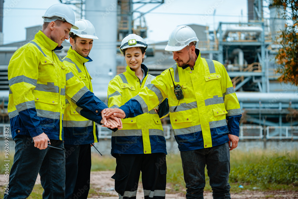 Group of workers teamwork Industry in oil refinery equipment Check and check the condition of the machinery system , Engineering concept. Group of workers teamwork Industry in oil refinery equipment Check and check the condition of the machinery system , Engineering concept.