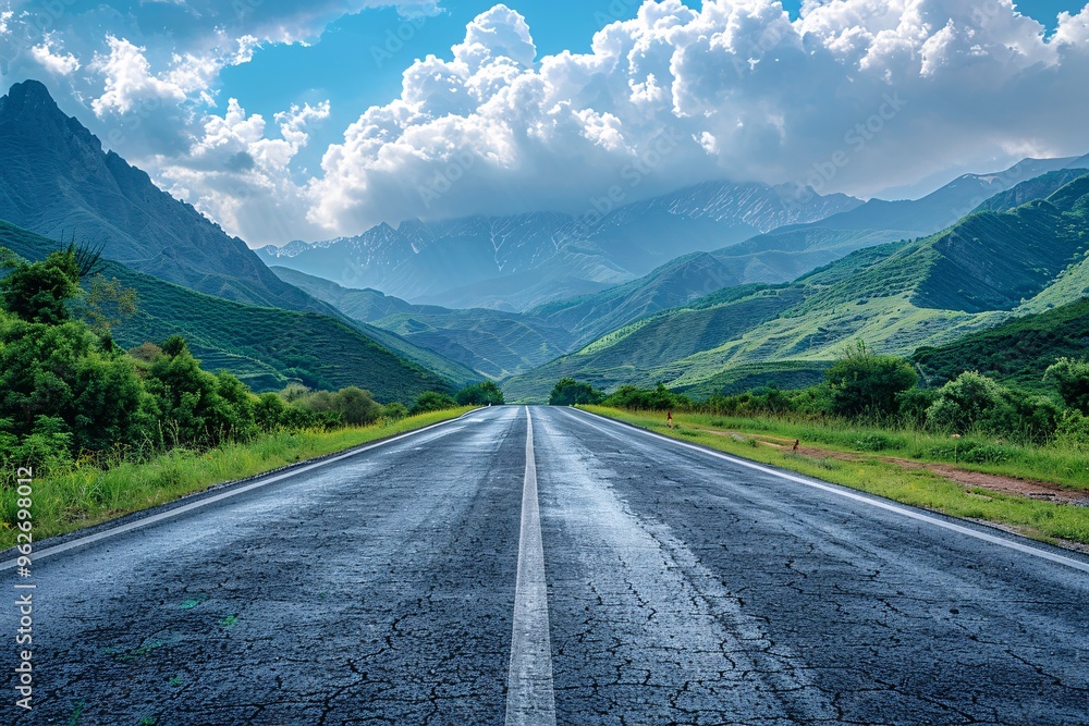 Naklejka premium A paved highway surrounded by lush mountains and a cloudy sky.