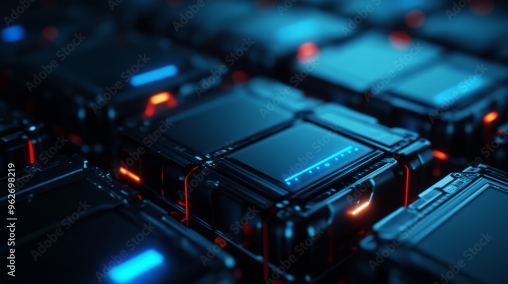Fototapeta premium Close-up of futuristic technology circuits with glowing neon lights and dark background, ideal for tech or sci-fi themes.