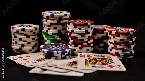 Poker Chips and Playing Cards on Black Felt photo