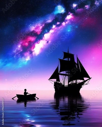 Little Boy Rowing Boat Under Starry Sky Watching Sailing Ship, Dreamlike Night Scene, Digital Art Illustration, Adventure Fantasy Concept (19)