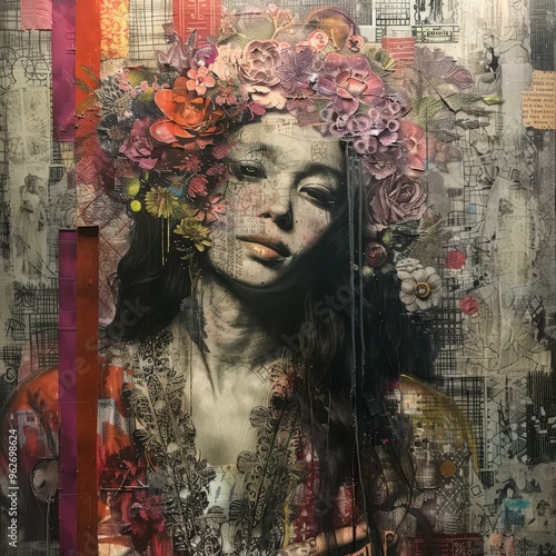 Abstract Collage Art Portrait Woman Flowers Grunge