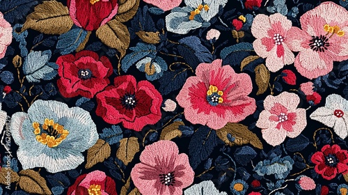 Seamless embroidery design featuring exquisite blossoms on a dark backdrop, perfect for stylish textiles and other printed materials.