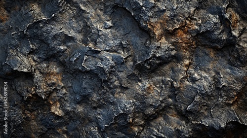 Close-up of rough textured dark rock surface with natural patterns and details, ideal for backgrounds or geological studies.