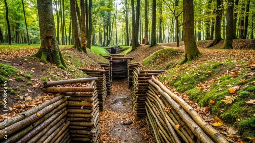 Earthen trench dug into wooded terrain, rear wall reinforced with wooden planks, camouflaged with twigs and leaves, blending seamlessly into surrounding forest undergrowth. Earthen trench dug into wooded terrain, rear wall reinforced with wooden planks, camouflaged with twigs and leaves, blending seamlessly into surrounding forest undergrowth.