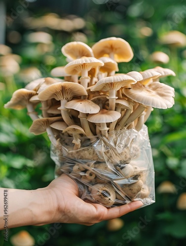 Fungi sprout from synthetic pouches, known as Coprinus fimetarrius, grasped by a female hand, representing the procedure of cultivating mushrooms at home. photo