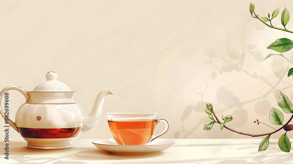 Tea ceremony with blooming branch and teapot on wooden table Tea ceremony with blooming branch and teapot on wooden table