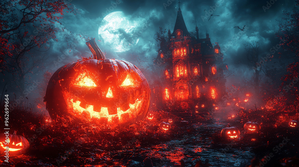 Spooky Halloween scene with a glowing jack-o-lantern. Spooky Halloween scene with a glowing jack-o-lantern.