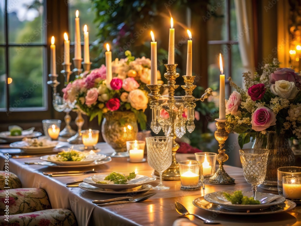 Elegant Dinner Table Setting With Candles, Flowers, Fine China, And Formal Attire, Capturing The Ambiance Of A Sophisticated Dinner Party. Elegant Dinner Table Setting With Candles, Flowers, Fine China, And Formal Attire, Capturing The Ambiance Of A Sophisticated Dinner Party.