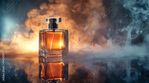 Elaborate photoshoot of perfume with detailed shots of mist on bottle and reflection in mirror.