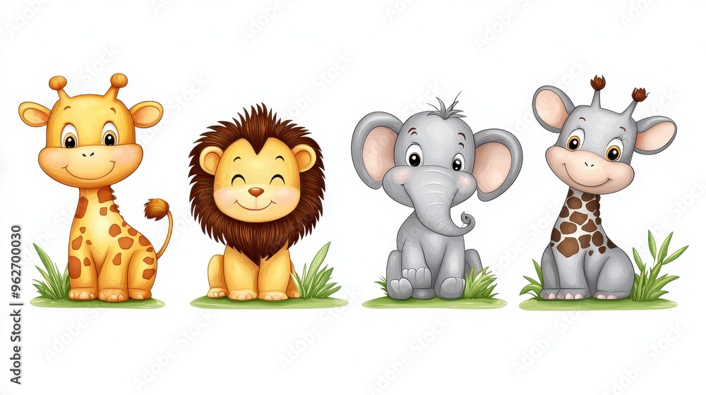 Naklejka premium Adorable Cartoon Zoo Animals Lion Elephant Giraffe Monkey Clipart Set on White Background for Kids