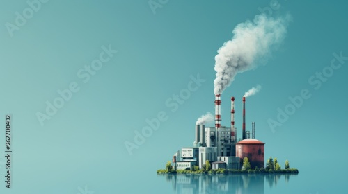 Industrial plant situated on a small island, emitting smoke from multiple chimneys into a clear sky. The calm water around the island mirrors the industrial scene, highlighting the contrast between