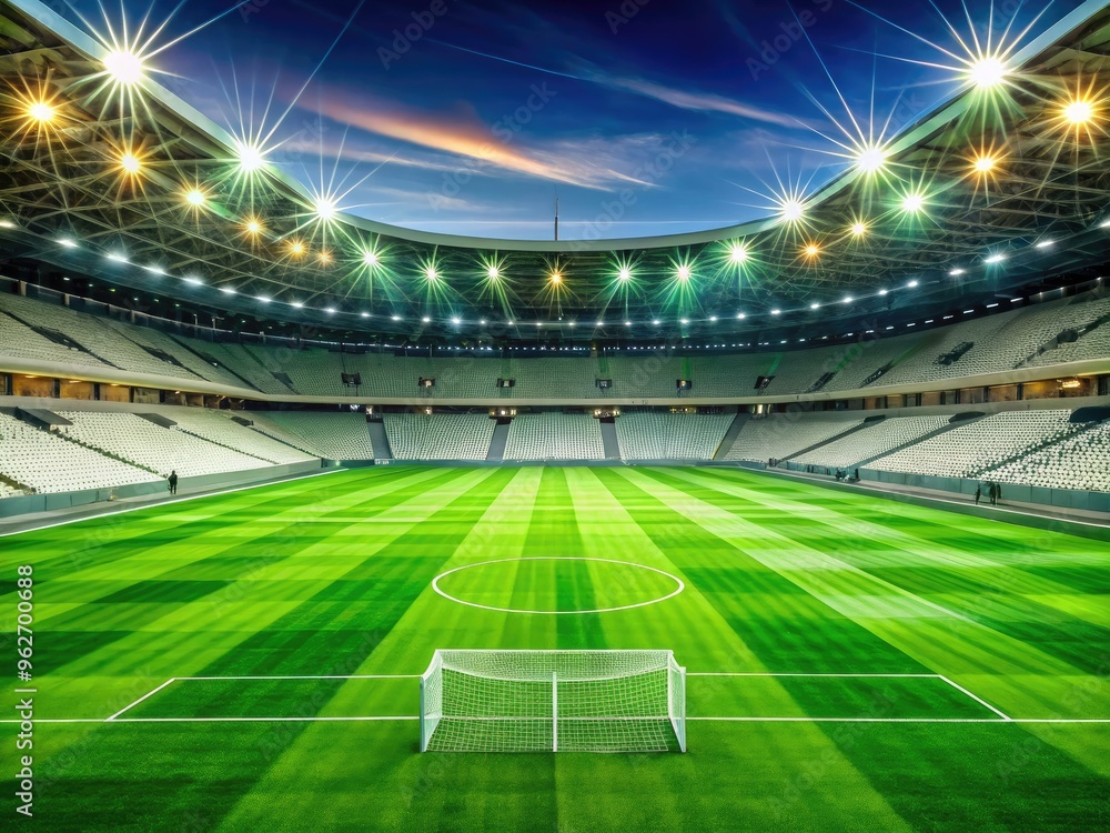 Empty green soccer field with freshly cut grass and white lines, surrounded by a sleek modern stadium with bright lights and tiered seating area. Empty green soccer field with freshly cut grass and white lines, surrounded by a sleek modern stadium with bright lights and tiered seating area.
