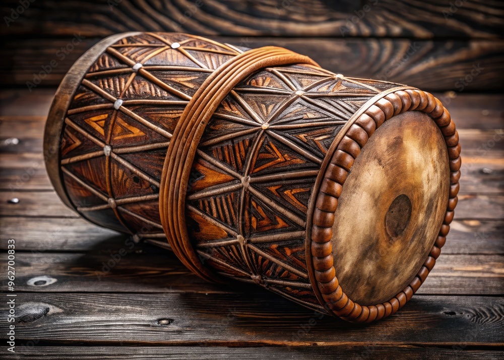 Engraved African Drum Featuring Geometric Patterns And Intricate ...
