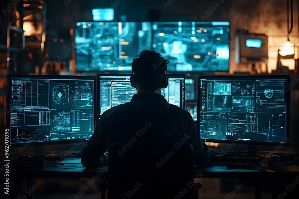 Cybersecurity Expert Analyzing Data on Multiple Screens in Dark Room for Digital Security Crisis Cybersecurity Expert Analyzing Data on Multiple Screens in Dark Room for Digital Security Crisis
