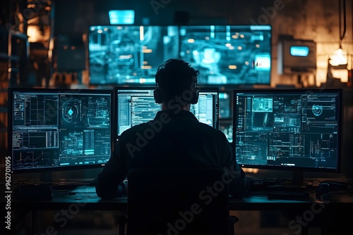 Cybersecurity Expert Analyzing Data on Multiple Screens in Dark Room for Digital Security Crisis