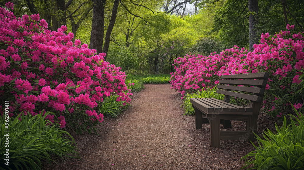 Fototapeta premium A serene photo of a quiet garden bench surrounded by blooming pastel-colored azaleas, creating a peaceful retreat