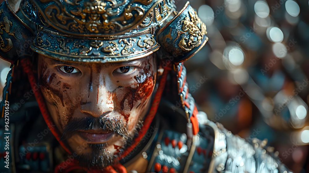 Fototapeta premium Samurai Warrior Close Up with Bloodstains on Face Illustration