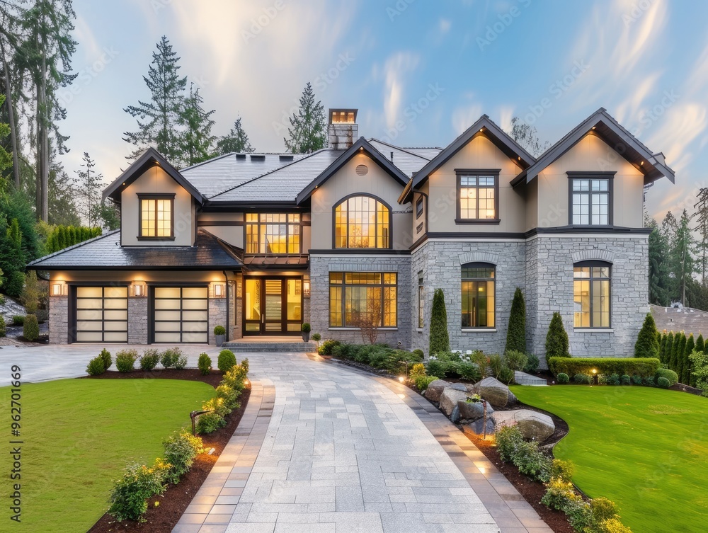 Beautiful, newly built luxury home exterior. Beautiful, newly built luxury home exterior.