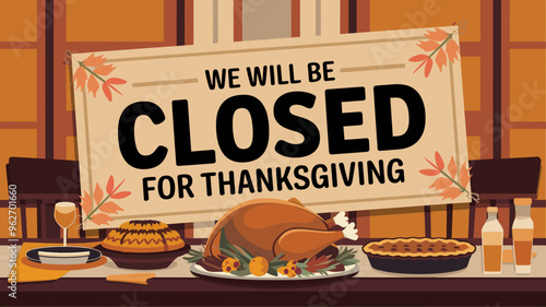 Thanksgiving Closure Sign with Feast and Autumn Decor