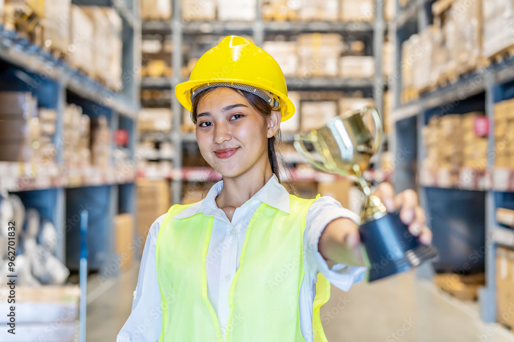 Happy asian young woman warehouse worker holding a trophy after being selected as an outstanding employee, business success Happy asian young woman warehouse worker holding a trophy after being selected as an outstanding employee, business success