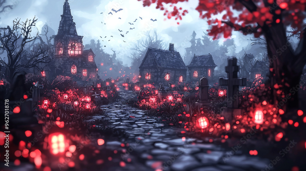 Fototapeta premium A cobblestone path leads through a village graveyard, lit by glowing red lanterns.