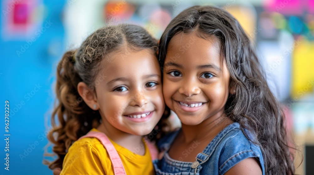 Two young girls standing on a beautiful background, smiling and posing for the camera. Two young girls standing on a beautiful background, smiling and posing for the camera.