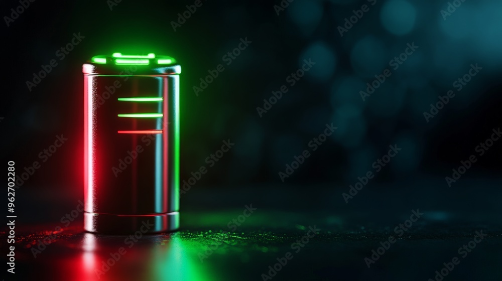 Futuristic glowing battery with vibrant green and red lights symbolizing technology, energy, and power in a dark background. Futuristic glowing battery with vibrant green and red lights symbolizing technology, energy, and power in a dark background.