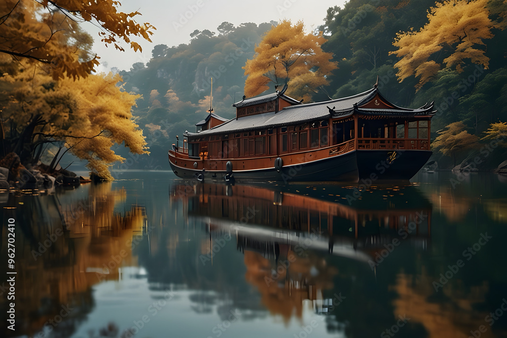 Fototapeta premium An ancient chinese yacht sail on river and there is yellow leaves on the shore