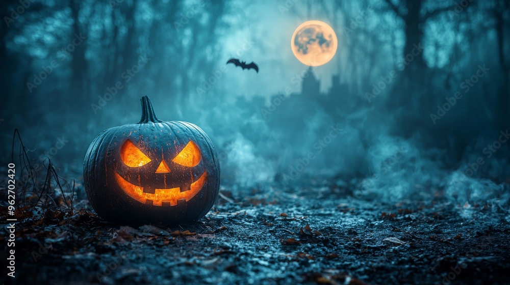 Naklejka premium A jack-o'-lantern glows in a spooky forest setting.