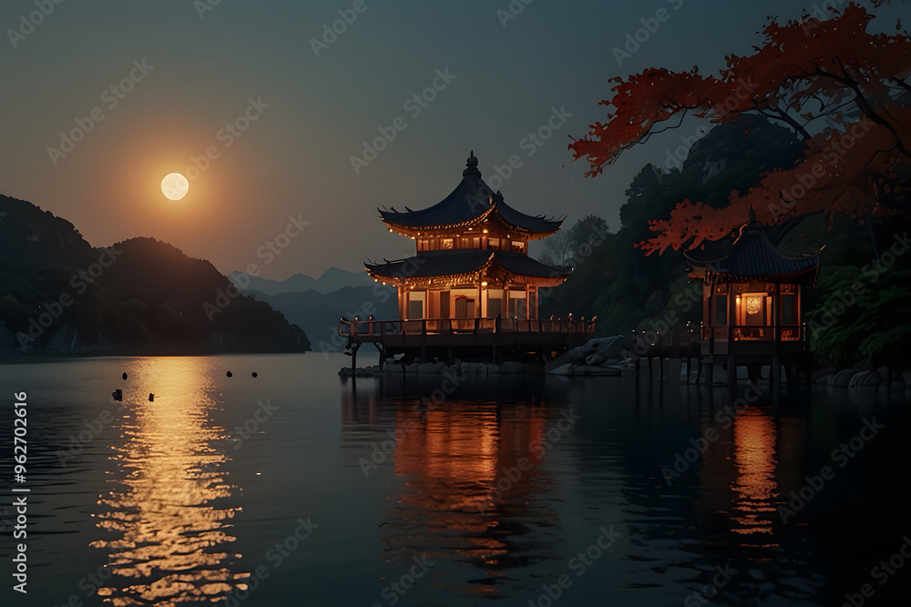 Ancient building and lake and full moon Ancient building and lake and full moon
