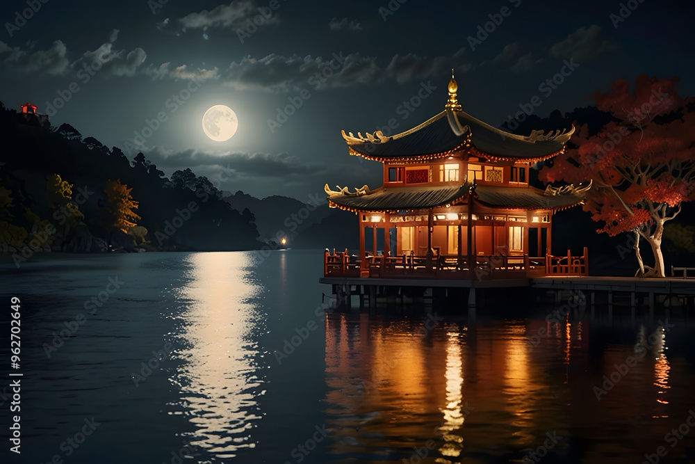 Obraz premium Ancient chinese building and red leaves on lake
