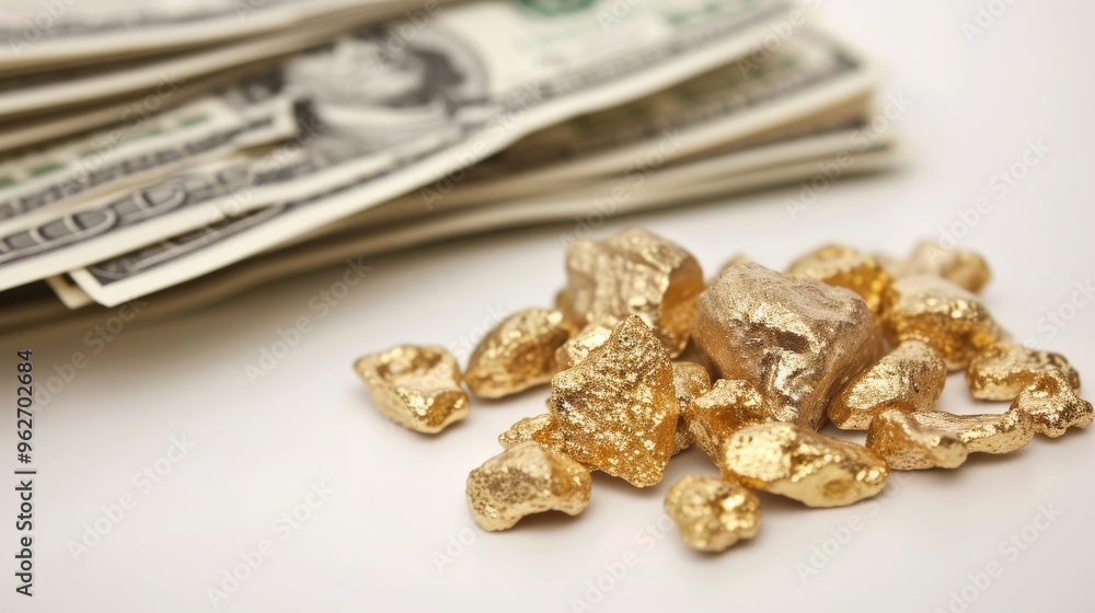 High-quality close-up image of gold nuggets and US dollar bills arranged on a white background. This image is ideal for themes related to wealth, investments, and financial stability, highlighting the High-quality close-up image of gold nuggets and US dollar bills arranged on a white background. This image is ideal for themes related to wealth, investments, and financial stability, highlighting the